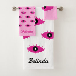 BOHO Evil Eye Muster mit Name Fuchsia Pink y2k Badhandtuch Set