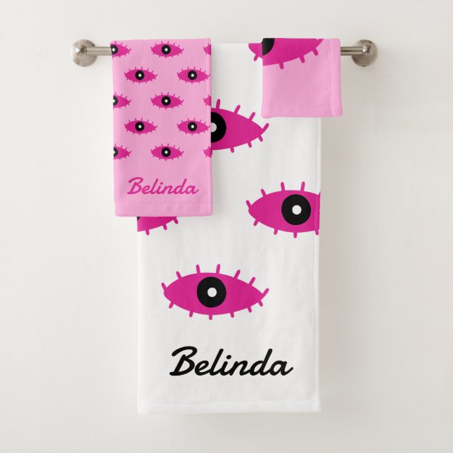 BOHO Evil Eye Muster mit Name Fuchsia Pink y2k Badhandtuch Set (Insitu)