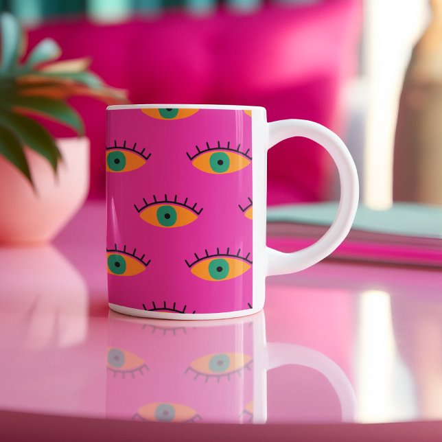 BOHO Evil Eye Pattern Funky Fuchsia Zweifarbige Tasse (Von Creator hochgeladen)