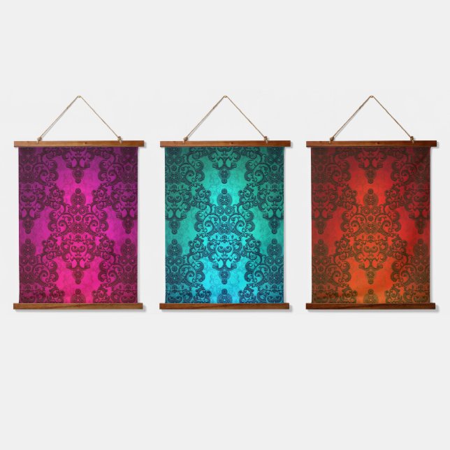 Boho Extravagant Damask Farbgestaltung Wandteppich Mit Holzrahmen (Dreifach)
