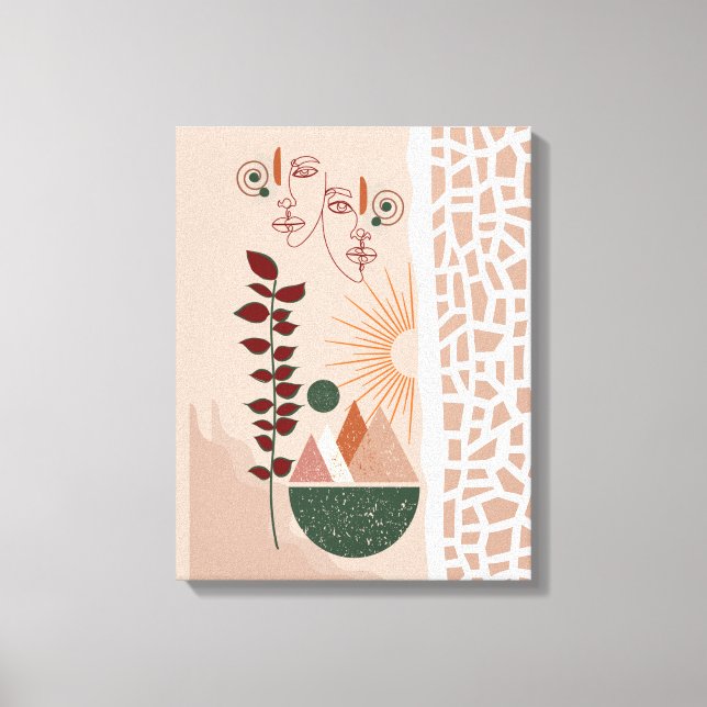 Boho Faces – Moderne abstrakte Wandkunst in warmen Leinwanddruck (Vorderseite)
