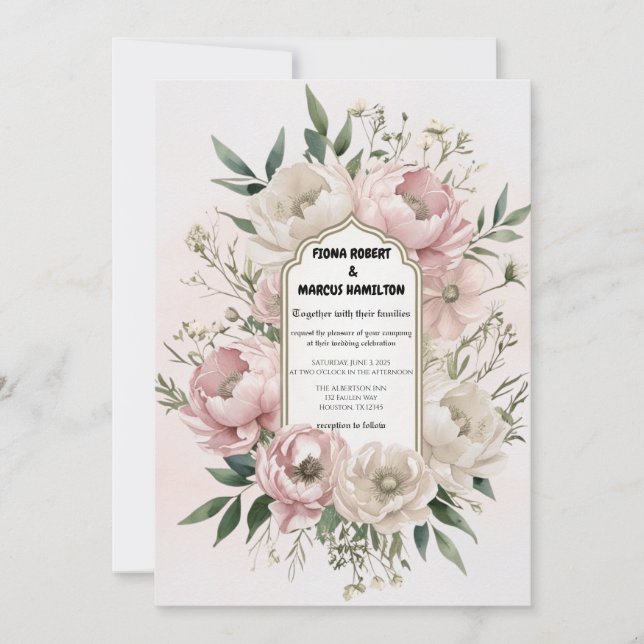 Boho Faire-part de mariage - Peonies avec verdure (Devant)
