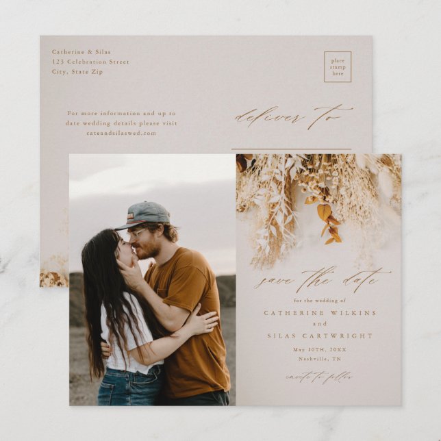 Boho Fall Blume Foto Hochzeit speichern das Datum Ankündigungspostkarte (Vorne/Hinten)