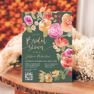 Boho Fall Blütenfarbe QR grünes Brautparty Einladung