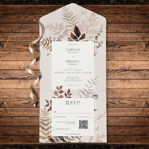 Boho Fall Brown Botanical Wedding QR Code All In One Einladung