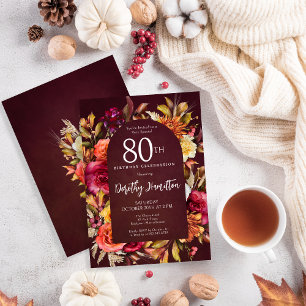 Boho Fall Burgundy Blumenschrift 80. Geburtstag Einladung
