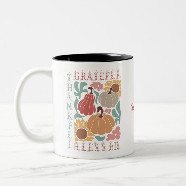 Boho Fall dankbar Nochmals gesegneter Erntedank Zweifarbige Tasse (Links)