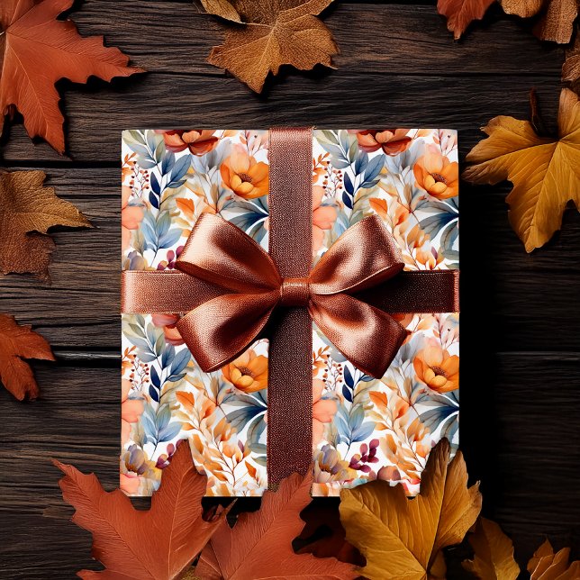 Boho Fall Floral Blooms Terracotta Apricot Blau Geschenkpapier (Boho Fall | Autumn Floral Pattern Wrapping Paper  - Terracotta, Apricot and Dusky Blue)
