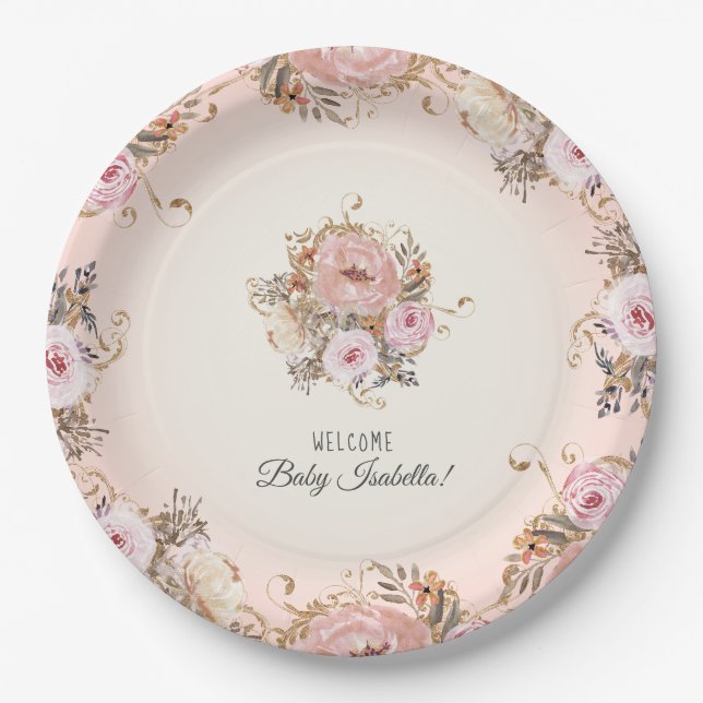 BOHO Fall Floral Blush Wasserfarbe Kinderdusche Pappteller (Vorderseite)