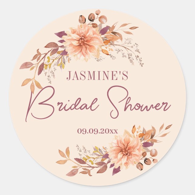 Boho Fall Floral Brautparty Bevorzugung Runder Aufkleber (Vorderseite)