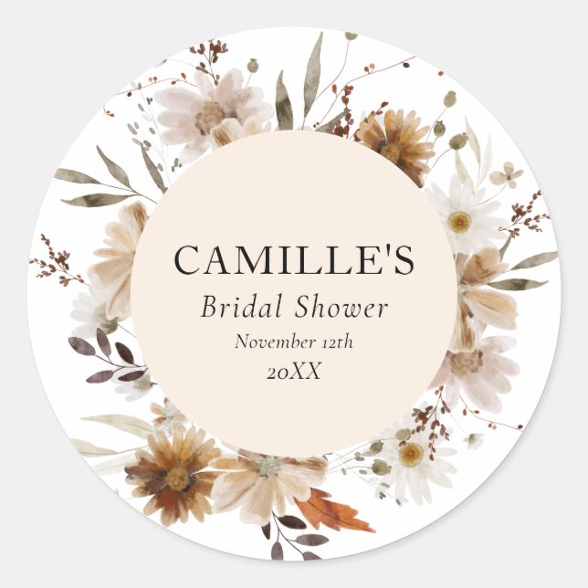 Boho Fall Floral Brautparty Runder Aufkleber (Vorderseite)