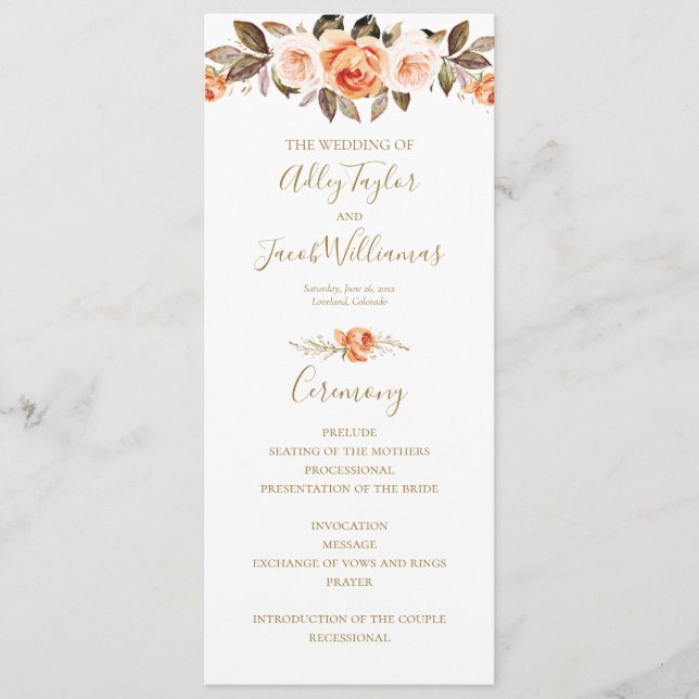 Boho Fall Floral Burnt Orange Wedding Programme (Devant)
