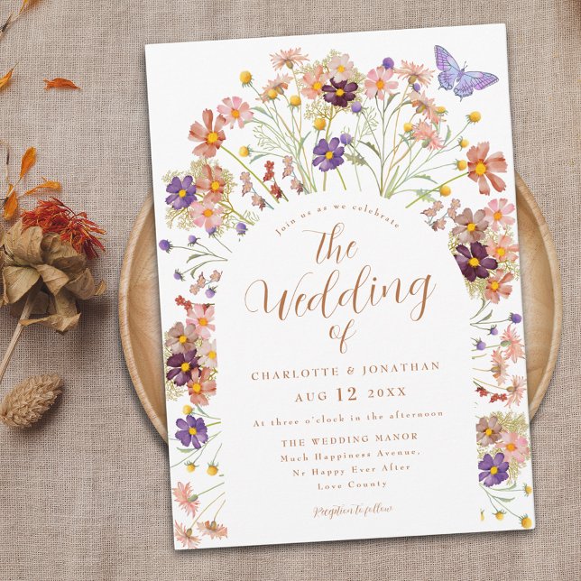 Boho Fall Floral Butterfly Wedding Einladung (Boho fall rustic floral wedding invitation colorful whimsical watercolor wildflowers and butterfly)