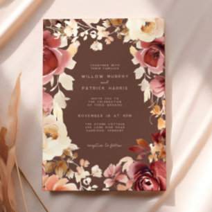 Boho Fall Floral Cream Brown Burgundy Wedding Einladung