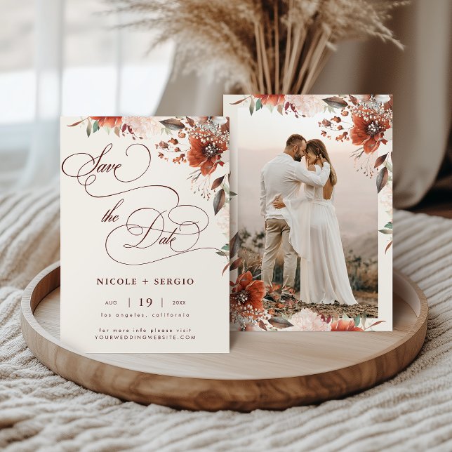 Boho Fall Floral Elegantes Skript & Foto Hochzeit Save The Date (Von Creator hochgeladen)