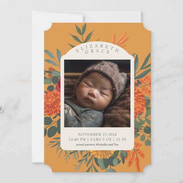 Boho Fall Floral Foto Geburtserklärung Einladung (Vorderseite)