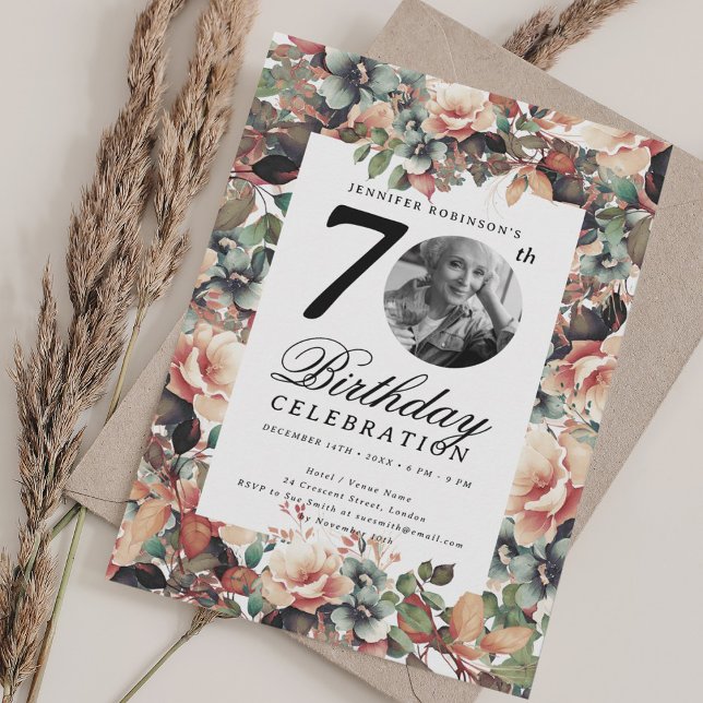 Boho Fall Floral Garden Photo 70th Birthday  Einladung (Boho Fall Floral Garden Photo 70th Birthday Invitation)