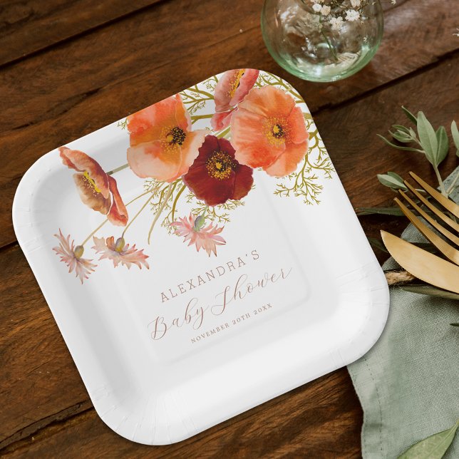 Boho Fall Floral Gender Neutral Baby Dusche Custom Pappteller (Boho fall floral gender neutral baby shower custom paper plates Watercolor wildflower elegant script)