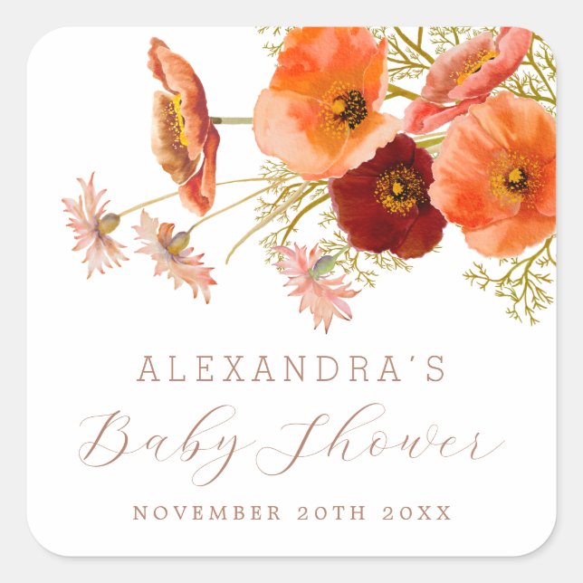 Boho Fall Floral Gender Neutral Baby Dusche Custom Quadratischer Aufkleber (Vorderseite)