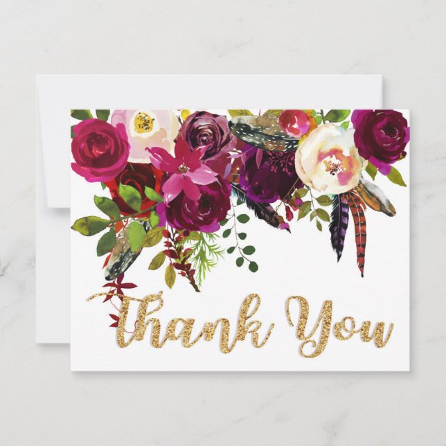 Boho Fall Floral Gold Moderne Vielen Dank Dankeskarte (Vorderseite)