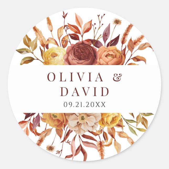 Boho Fall Floral Rustikale Blume Foliage Hochzeit Runder Aufkleber (Vorderseite)