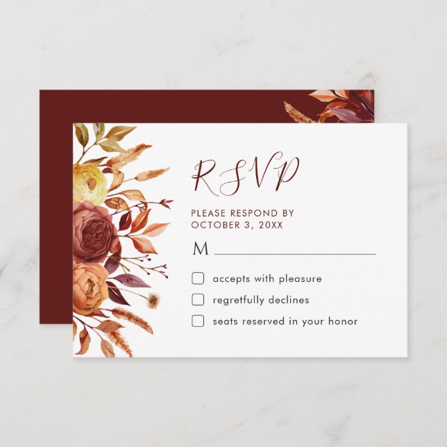 Boho Fall Floral Rustikale Blume Foliage RSVP Kart Dankeskarte (Vorne/Hinten)