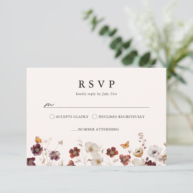 Boho Fall Florals Butterfly Wedding RSVP Karte (Stehend Vorderseite)