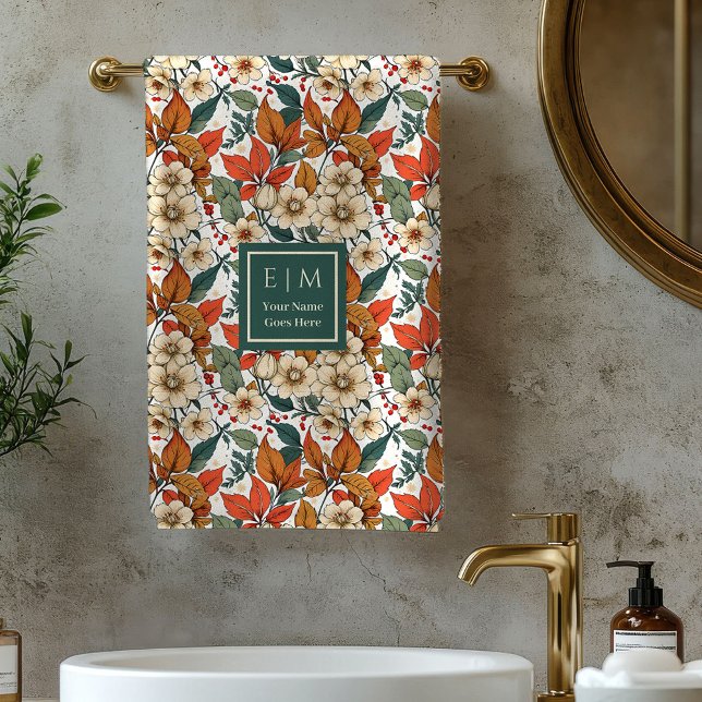 Boho Fall Florals Sage Terracotta Name Bath Towels Badhandtuch Set (Boho Fall Florals Sage Terracotta Name Bath Towel)