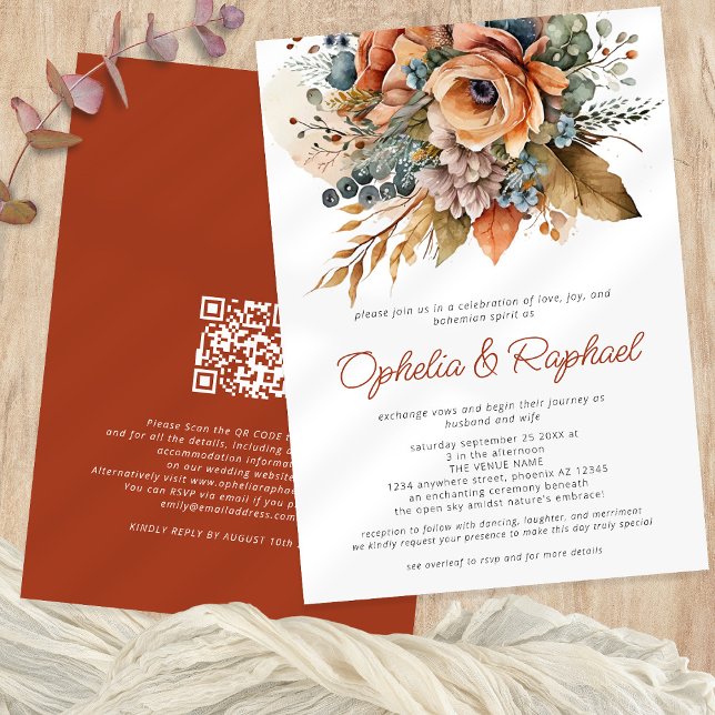 Boho Fall Florals Terracotta Bohemisch Wedding Einladung (Front and back)