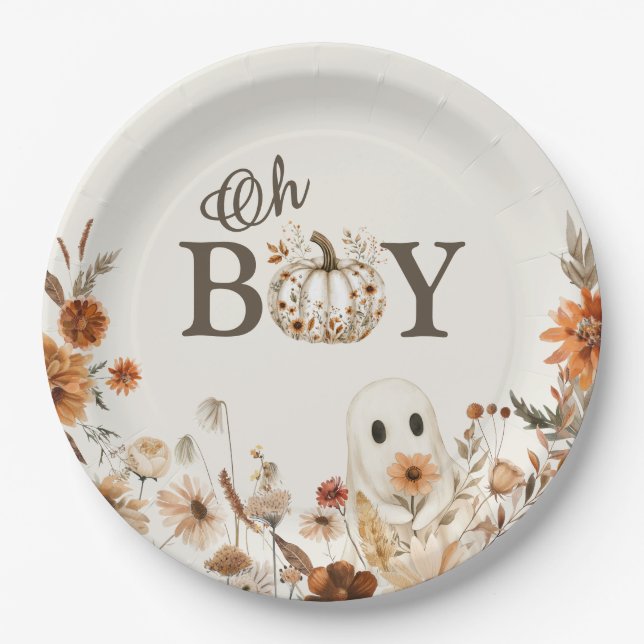 Boho Fall Ghost Floral Oh Boy Baby Shower  Pappteller (Vorderseite)