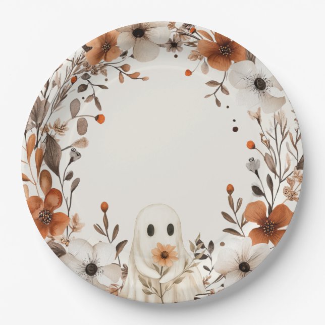 Boho Fall Ghost Floral Oh Boy Baby Shower  Pappteller (Vorderseite)