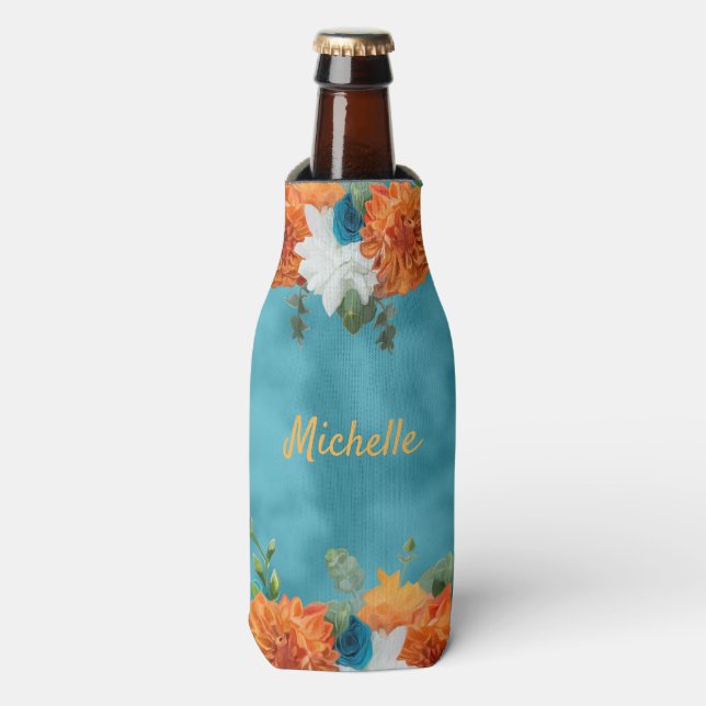 Boho Fall Herbst Floral Orange Türkis Flaschenkühler (Flaschenvorderseite)