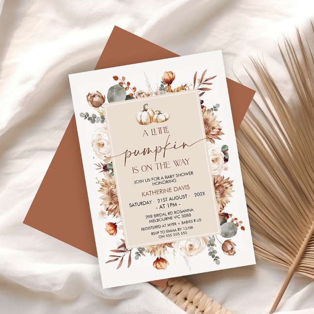 Boho Fall Little Pumpkin Baby Shower Einladung (Little Pumpkin Baby Shower Invitation, Boho Floral Fall Baby Shower Invitation, Autumn Pumpkins)