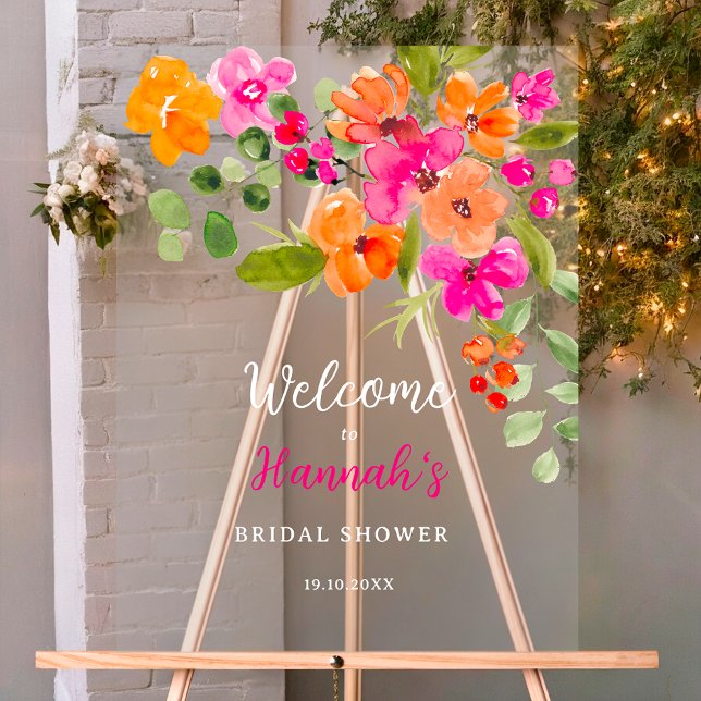 Boho fall orange floral aquarelle bienvenue nuptia (Boho fall orange floral watercolor bridal welcome acrylic sign)