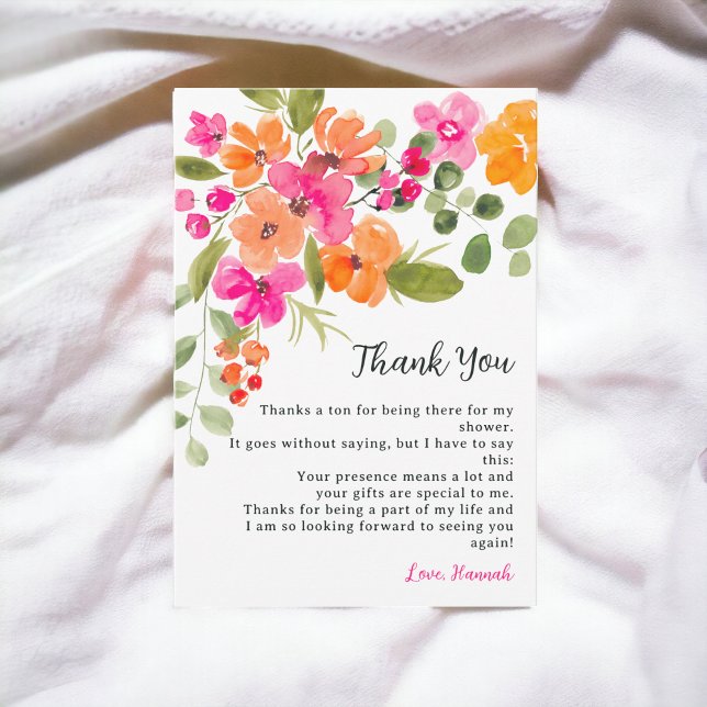 Boho Fall Orangenblütenfarbe Brautparty Dankeskarte (Boho fall orange floral watercolor bridal shower thank you card)