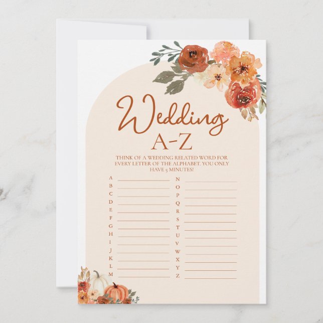 Boho Fall Pumpkin Wedding A-Z Brautparty Game Einladung (Vorderseite)