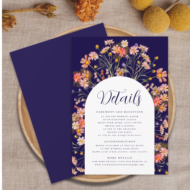Boho Fall Rustic Floral Navy Blauer Hochzeitsdetai Begleitkarte (Boho rustic floral arch navy blue and white wedding details enclosure card Autumn watercolors)