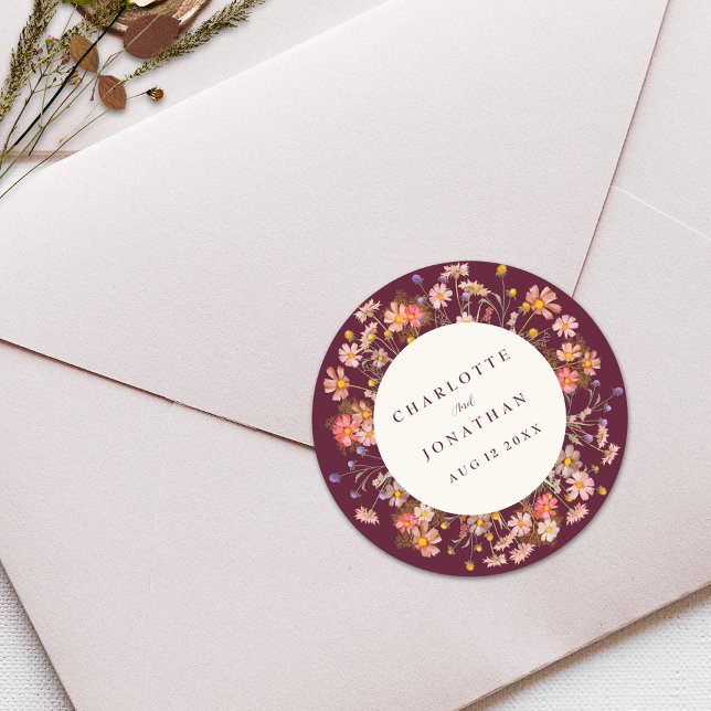 Boho Fall Rustikale Wildblume Blumenhochzeit Runder Aufkleber (Boho rustic wildflower floral fall wedding custom sticker burgundy burnt orange terracotta )