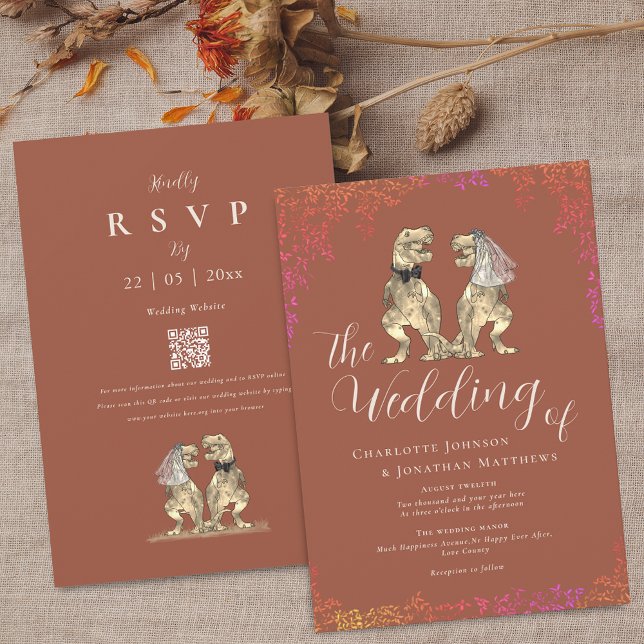 Boho fall Terracotta Dinosaur Wedding QR Code Einladung (Boho fall terracotta burnt orange dinosaur theme wedding QR code invitation)