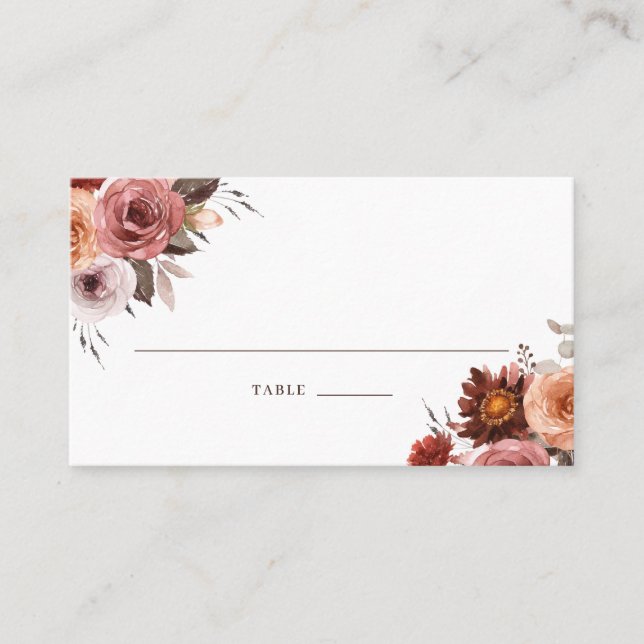 Boho Fall Watercolor Floral Bouquet Wedding Place Platzkarte (Vorderseite)