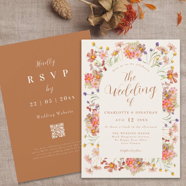 Boho Fall Wildblume Arch Burnt Orange Wedding Einladung (Boho fall wildflower arch terracotta burnt orange elegant wedding invitation with dried flowers)