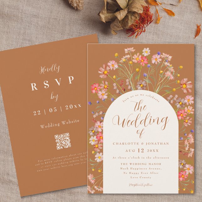 Boho Fall Wildblume Arch Einladung (Boho fall wildflower arch terracotta burnt orange elegant script wedding invitation )