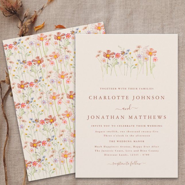 Boho Fall Wildblume Beige Terracotta Wedding Einladung (Boho fall Wildflower meadow rustic floral beige terracotta Wedding invitation elegant script)