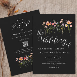 Boho Fall Wildblume Black and White QR Code Einladung