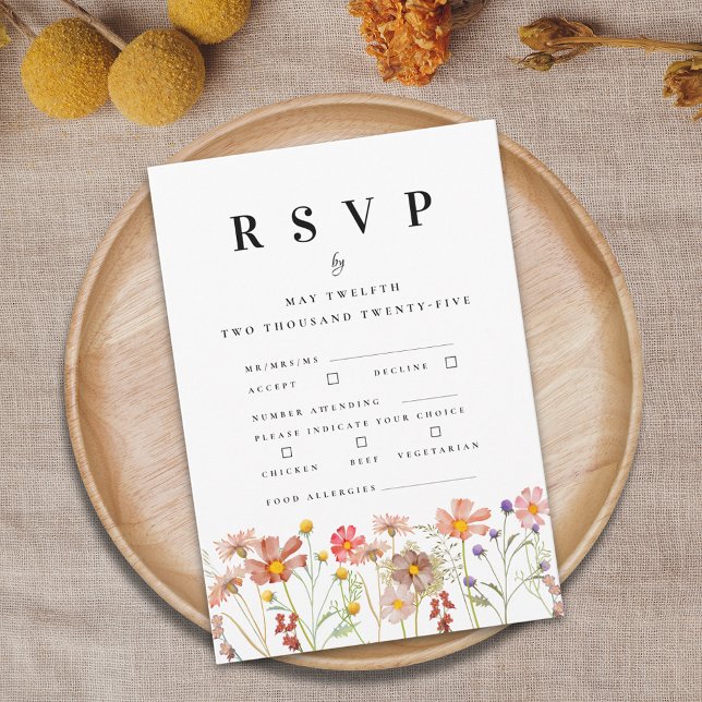 Boho Fall Wildblume Blumenmehlwahl RSVP Karte (Boho rustic Wildflower floral Wedding RSVP card includes Meal choices food allergies)