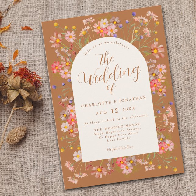 Boho Fall Wildblume Burnt Orange Wedding Einladung (Boho Wildflower arch fall burnt Orange terracotta wedding invitation with watercolor dried flowers)
