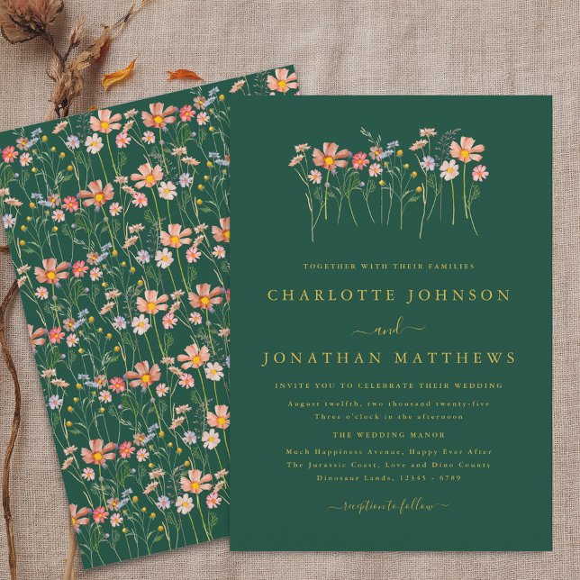Boho Fall Wildblume Dunkelgrün & Goldhochzeit Einladung (Boho fall Wildflower floral green & gold Wedding invitation Watercolor garden meadow elegant modern)