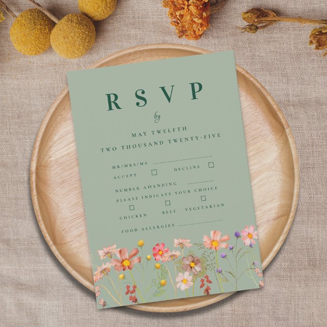 Boho Fall Wildblume Essenszeiten RSVP Karte (Boho fall wildflower floral wedding RSVP card with meal options and allergy info)