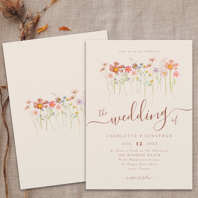 Boho Fall Wildblume Floral Beige Terracotta Einladung (Boho fall Wildflower floral beige & terracotta Wedding qr code invitation Watercolor meadow flowers)
