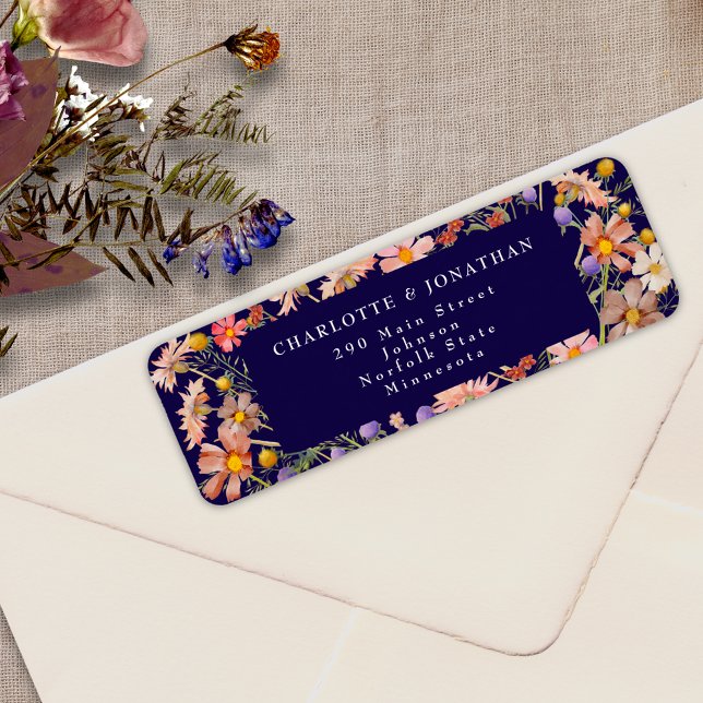Boho Fall Wildblume Floral Navy Blue Wedding (Boho fall rustic wildflower floral navy blue and burnt orange wedding return address label sticker)